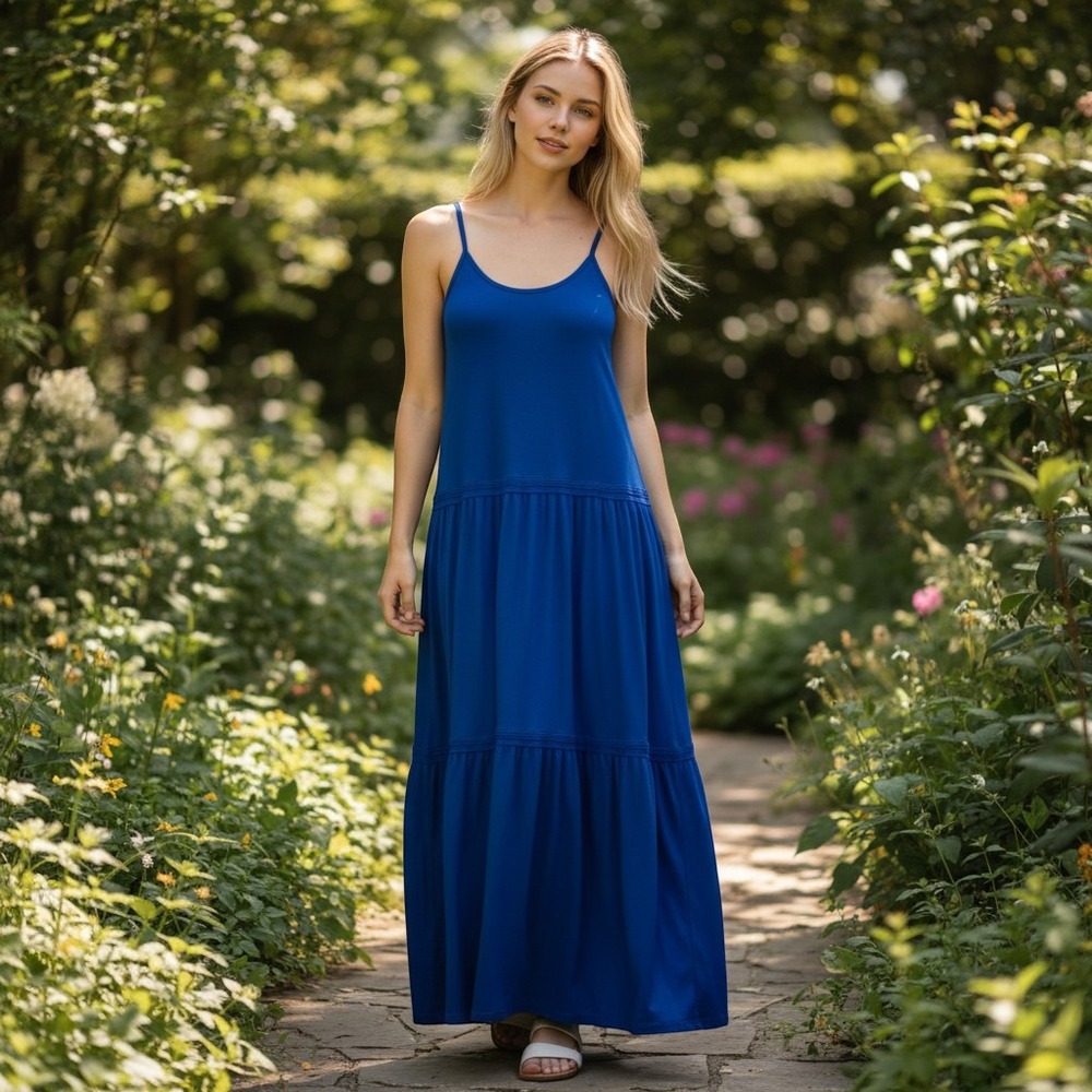 Lauren Ralph‎ Lauren Maxi Dress Women Large Royal Blue Tiered Cotton Sleeveless